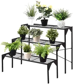 پایه گیاهی فلزی Giantex 3 ، نگهدارنده گلدانهای نردبان ، 3 طبقه ردیف نمایش گیاه ، قفسه سازنده ذخیره سازی تجهیزات سنگین برای بالکن حیاط پاسیو ، پایه گیاه