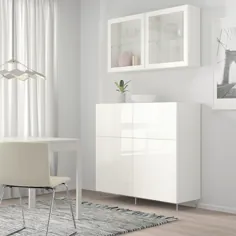 IKEA BESTÅ Aufbewahrungskombination + Türen / Schubladen - weiß / Selsviken / Stallarp Hochglanz / Klarglas weiß