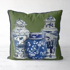 روکش بالش Chinoiserie بالش تزئینی سبز تزئین شرقی پوشش بالشتک چینی بالش لهجه آسیایی شیشه زنجبیل آبی سفید گلدان سه تایی 2