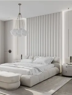 تزیین اتاق خواب لوکس و سفید کاملاً خیره کننده با تخت خواب سر بسیار بلند در مخمل سفید