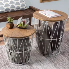جداول انتهای تودرتو با ذخیره سازی - مجموعه ای از 2 میز کناری قابل تبدیل به سبد فلزی ، روکش چوبی با لهجه بالا برای خانه و دفتر توسط Lavish Home (سفید) - Walmart.com