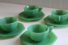 ظروف عروسک شیشه ای سبز jadite ، مجموعه چای اسباب بازی شیشه ای Akro Agate depression