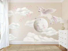 برچسب دیوار Pegasus & Moon دکور Setunicorn ، نقاشی دیواری تک شاخ ، موضوع اسب شاخدار ، عکس برگ دیوار تک شاخ ، برگردان های دیوار تک شاخ ، برچسب دیوار تک شاخ