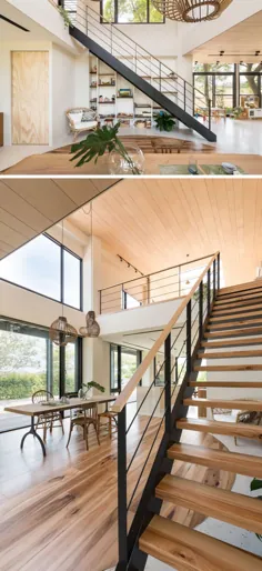 این خانه جدید با استفاده خلاقانه از چوب برای ایجاد جلوه ای طبیعی به فضای داخلی آن استفاده می کند
