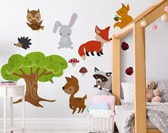 Woodland Nursery Wall Decor 6 Birch Trees Fox & Friends Fox Deer Owl Owl Squirrel Bunny Raccoon Birds Wall Decal Nealral Nursery مهد کودک خنثی نصب آسان