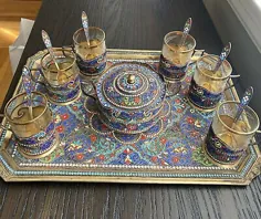سرویس چای مینای دندان ایرانی نقره ای Cloisonne Gold Plated 84