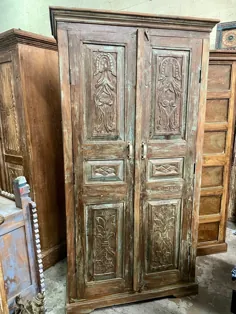 کابینت هنری حکاکی شده Antique Armoire Rustic Blue Patina |  اتسی