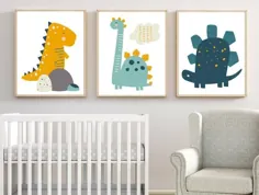 دایناسور دیواری چاپ هنر یا بوم مجموعه ای از 3 ، دایناسور نوزاد پسر بچه مهد کودک تزئین ، دایناسور پسر تاد
