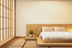 اتاق خواب لوکس مدرن به سبک ژاپنی مسخره می کنند ، طراحی زیباترین.  رندر سه بعدی