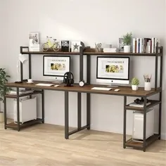 میز کامپیوتر دو نفره 94.5 اینچی با قفسه های هچ و ذخیره سازی (قهوه ای)
