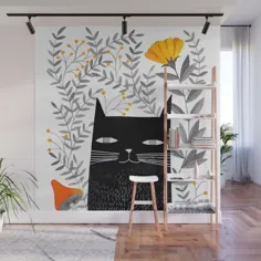 گربه سیاه با تصویر گیاه شناسی Wall Mural توسط pinknounou