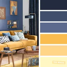 بهترین طرح های رنگی اتاق نشیمن - پالت رنگی آبی و خردلی