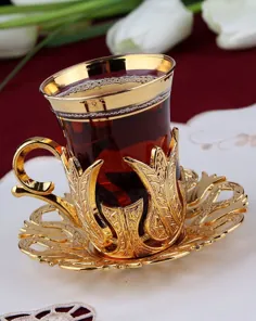 ست چای ترکی 6 تایی - لیوان با نگهدارنده های برنجی بشقاب بشقاب سینی قاشق شیشه ای ، 25 عدد (طلای)