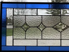 صفحه بزرگ شیشه رنگی ، 15 "X 36" ، آبی سلطنتی ، مخروطی ، شیشه ای کاملاً واضح ، الماس ، حلق آویز ، پنجره شیشه رنگی ، سفارشی موجود