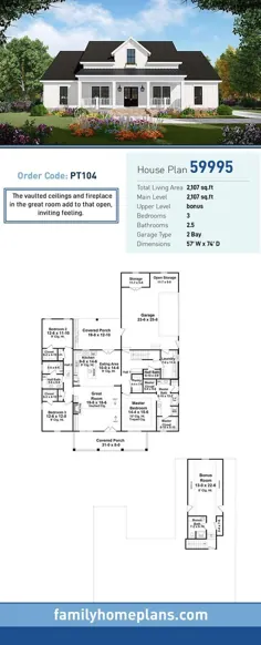 South House House Plan 59995 با 3 تختخواب ، 3 حمام ، 2 گاراژ اتومبیل