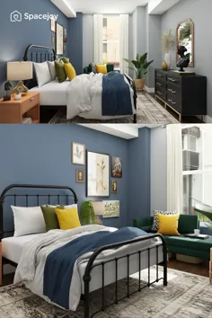 انبوهی از رنگ ها در این ایده طراحی انتخابی اتاق خواب با سبزها اتفاق می افتد.