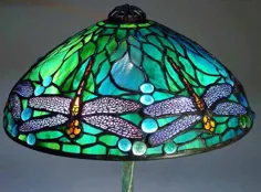14 "Dragonfly Tiffany Lamp # 1585 روی پایه برنز Glass Mosaic # 356
