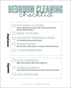 لیست رایگان تمیز کردن اتاق خواب قابل چاپ برای کودکان