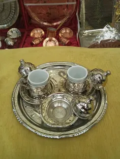 ست لیوان قهوه ترکی معتبر مسی و کاسه قند با سینی مس ، فنجان قهوه ترکی حکاکی شده