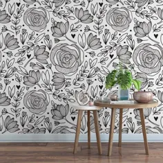 کاغذ دیواری گل و سیاه / کاغذ دیواری گرمسیری / |  اتسی