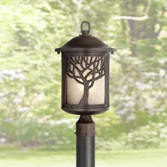 John Timberland Mission Outdoor Post Light Bronze Tree Pattern 18 3/4 "Etched Glass Amber Glass for Ex Deck Garden Yard Garden Patio
