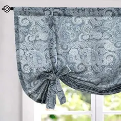 Paisley Tie Up Valance Perdes for Windows Linen Texture Adjustable Tie-up Shade for Kitchen Rod Pocket Medallion Design Rustic Jacobean Floral Print 42 in 54 inch Blue