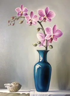 نقاشی گلدان گل ارکیده و صدف