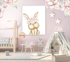 Boho Bunny Rabbit Blush Wall Art Print Woodland Nursery Baby Girl Room Floral Bohemian Watercolor دکور قابل چاپ