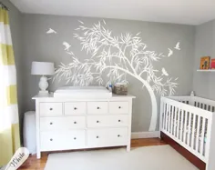 Weiße Kinderzimmer Wandtattoo mit Vögeln، Wandtattoo، Babyzimmer Deko، Große Baum Wandtattoo KW028