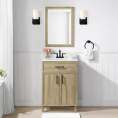 گزینه های سبک Dolton 24-in طبیعی بلوط طبیعی زیر ظرفشویی حمام تک ظرفشویی با رویه سنگی سفید مهندسی (شامل آینه) در قهوه ای