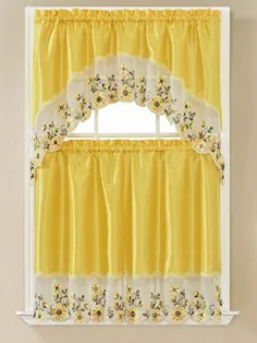 ست درمان پنجره پرده آشپزخانه گلدوزی شده 2 تکه Adeline Floral Embroidered (Adeline Yellow)