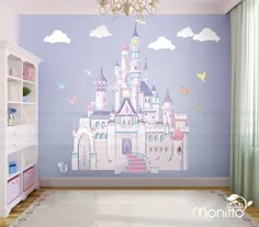 قلعه پرنسس دیزنی با پرندگان رنگارنگ و برچسب دیواری بزرگ سنجابی ، اتاق عکس کودکان و نوجوانان ، دیوار برگردان دیوار ، دیوار برگردان مهد کودک [MT014]