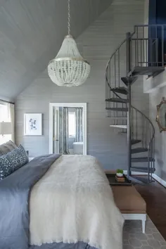 اتاق خواب آبی و خاکستری با کاغذ دیواری سیزال خاکستری - انتقالی - اتاق خواب