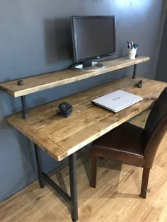 میز کامپیوتر چوبی اصلاح شده با پایه مانیتور |  اتسی