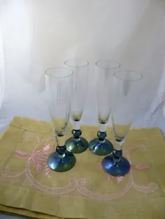 فلوت های شامپاین Vintage Crystal Crystal با شیشه کارناوال آبی |  اتسی