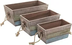 جعبه های ذخیره سازی چوب منجمد MyGift ، جعبه های چوبی طرح راه راه با دسته های طناب ، مجموعه 3 ، قهوه ای