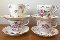 ست چای Vintage Missatched Cai Pink and Purple Flower Tea Rose |  اتسی
