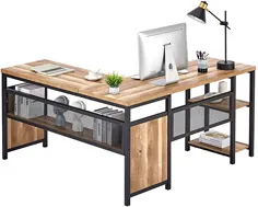 میز کامپیوتر FATORRI L شکل ، میز اداری صنعتی با قفسه ، میز گوشه چوبی و فلزی روستتیک برای دفتر خانه (بلوط روستایی ، 59 اینچ)