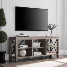 پایه تلویزیون Farmhouse برای تلویزیون های تا 58 اینچ ، میز کنسول رسانه ای هندسی با قفسه باز ، مرکز سرگرمی در بلوط خاکستری اندازه بلوط: 58 اینچ