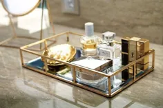 سینی آینه شیشه ای طلایی ، سازمان دهنده عطر آرایش ، طلای شیشه ای ، سینی Vanity ، سینی میز قهوه ، دکوراتیو