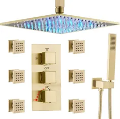 AYIVG حمام ترموستاتیک LED 16 اینچ سقف سیستم دوش باران با 6 PCS مجموعه جت های بدن میکسر طلای برس