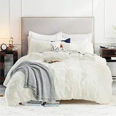 روتختی Bedsure Fluffy Duvet Cover کامل / سایز ملکه (90x90 اینچ) - جلد لحاف Shaggy Luxury Ultras Soft Plush - سرویس خواب تخت خواب دار Fluffy 3 قطعه (1 روتختی + 2 بالش شمشیر) ، کرم سفید