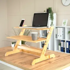 Inbox Zero Inbox Zero Standing Desk Converter 100٪ Natural Bamboo Sit Stand Riser Stand Workstation for Desktop or Laptop، Dual Monitor Stand - Home or Office (19 "High 26" Wide) - شامل پایه تلفن