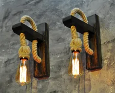 Satz von 2 Holz Lampen mit Seil Schnur Wand Edison Stellt sich rustikale hängende Leuchte Stecker در مدرن Holz Anhänger Beleuchtung Industrieleuchte