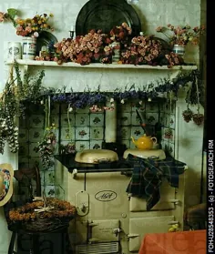 گلهای خشک شده در قفسه و رشته های بالاتر از کرم Aga در آشپزخانه کلبه