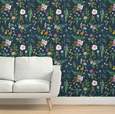 کاغذ دیواری های گل جین توسط Nouveau Bohemian Navy Green |  اتسی