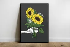Sunflower Art Print تزیین دیوار جمجمه چاپ اسکلت زرد |  اتسی