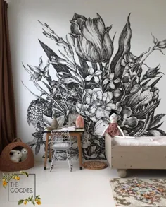 کاغذ دیواری گل و سیاه و سفید ، کاغذ دیواری متحرک یا سنتی ، نقاشی طرح دار ، نقاشی دیواری تک رنگ 64