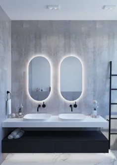 آینه حمام با نور پس زمینه بیضی روشن