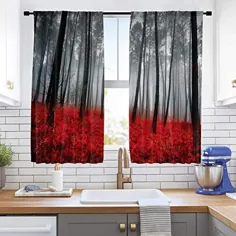 پرده آشپزخانه جنگل مرموز سیاه و قرمز Cinbloo جیب 55 (W) x 39 (L) اینچ بارانی ...
